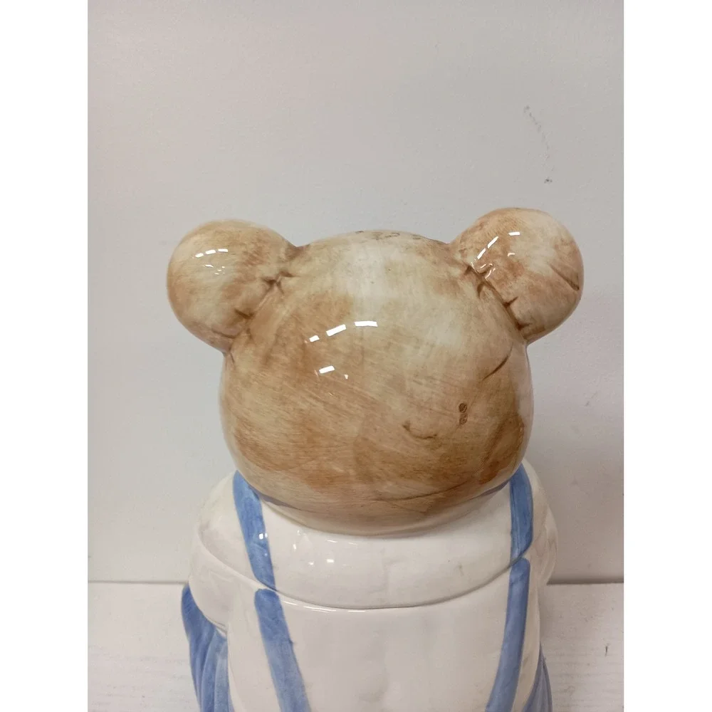 Vintage Teddy Bear Cookie Jar Blue Tan Ceramic Country Kitchen Decor